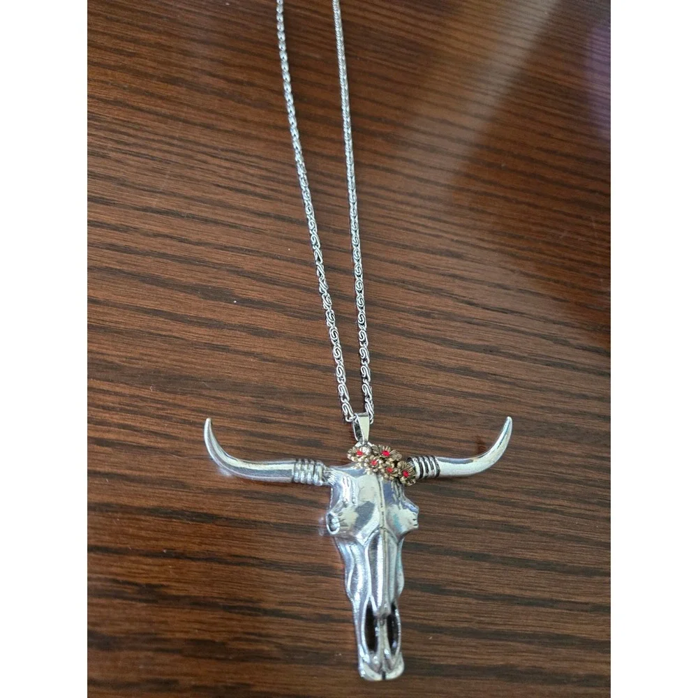 Western Glam Floral Longhorn Skull Statement Necklace